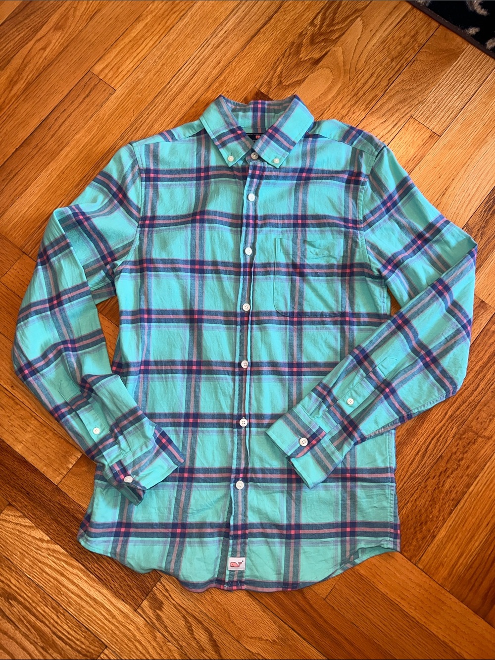 Vineyard Vines Lightweight Cotton Linen Men's Aqua Plaid Button-Down Slim XS